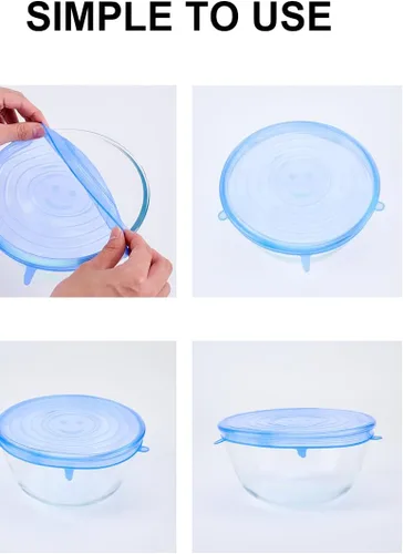 Vista 7 de Paquete de 6 tapas elásticas de silicona, fundas reutilizables para almacenamiento de alimentos, aptas para microondas, congelador y lavavajillas