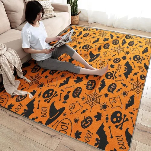 Vista 4 de Alfombras de Halloween para dormitorio, sala de estar, alfombra de tela de araña de murciélago de calabaza, 4 x 6 pies, lavable, antideslizante, Dfg2