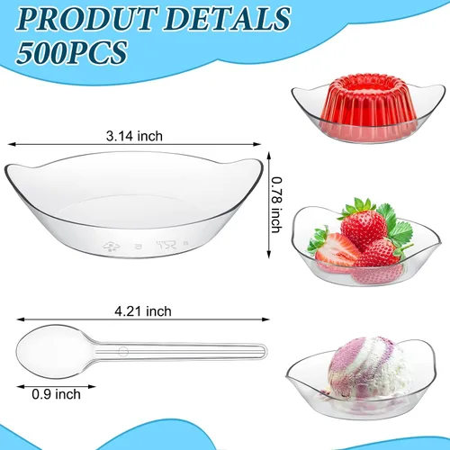 Vista 2 de 500 mini cuencos de postre con cucharas de 1 onza, mini platos desechables de postre de plástico con cucharas de plástico transparente, platos