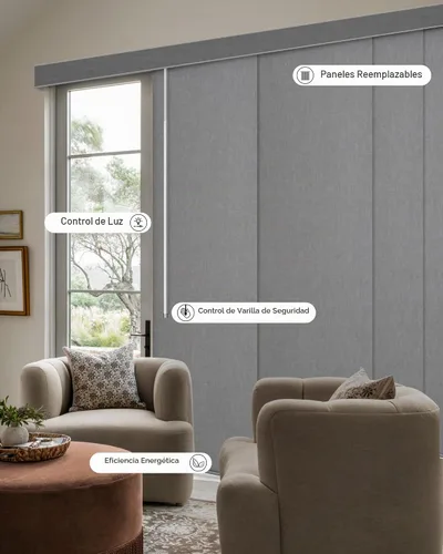 Vista 2 de Graywind - Paneles deslizantes manuales 100% opacos con control de varilla, cortinas para ventanas de privacidad, cortinas para puertas corredizas