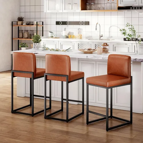Vista 23 de Sophia & William Taburete de bar negro, altura de mostrador de 24 pulgadas con respaldo, sillas de bar modernas de piel sintética para cocina, 1