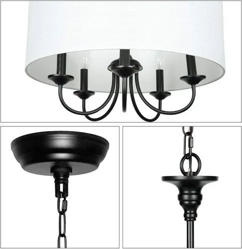 Vista 7 de Candelabro tradicional de 5 luces con pantalla de tambor de lino blanco, lámpara de techo moderna para comedor y sala de estar, dormitorio