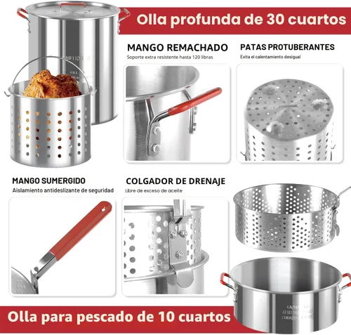 Vista 4 de Freidora para exteriores de 30 cuartos y 10 cuartos de galón Freidora de pavo Olla para hervir mariscos