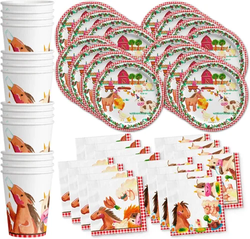 Vista 12 de Set de artículos para fiesta de cumpleaños de animales de granja y granero, platos, servilletas, vasos y utensilios para 16 invitados