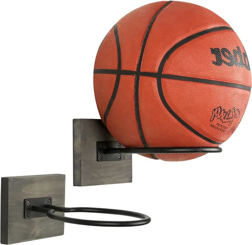 Vista 8 de MyGift Juego de 2 soportes de bolas deportivas de madera y metal para montar en la pared