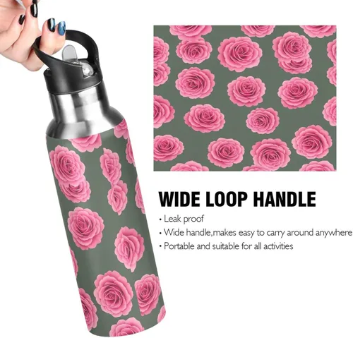 Vista 4 de Vibrant Pink Roses Stainless Steel Vacuum Insulated Water Bottle 20 Oz Leakproof Water Bottles, BPA-Free Sport Water Bottle