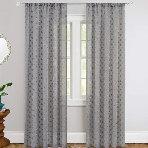 Vista 9 de DriftAway Olivia - Cortinas transparentes de gasa gris de vellón bordado para ventana con pompones, 2 paneles con pliegue para barra de 52 pulgadas