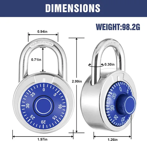 Vista 3 de Candado combinado, esfera azul de 1.969 in, 1 paquete Esfera fija con diferentes combinaciones, para gimnasio y casillero, escuela, caja