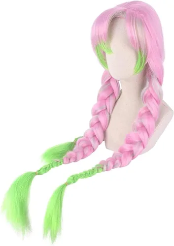 Vista 5 de BYOOTI Kanroji Mitsuri Cosplay Wig Kimetsu No Yaiba Costume Long Pink Mixed Green Braid Heat-resistant Fiber Hair Wigs + W