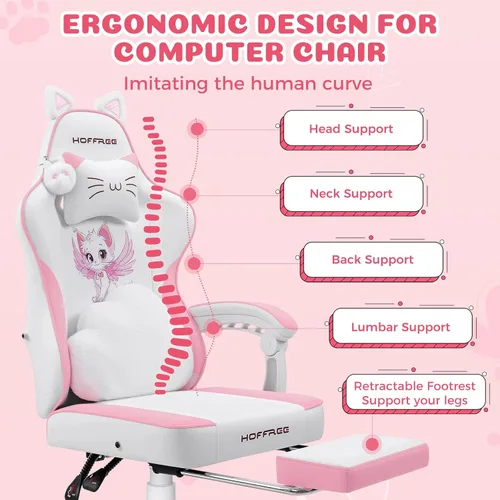 Vista 9 de HOFFREE Silla de juegos rosa para niña, linda silla de computadora de Rosa + blanco