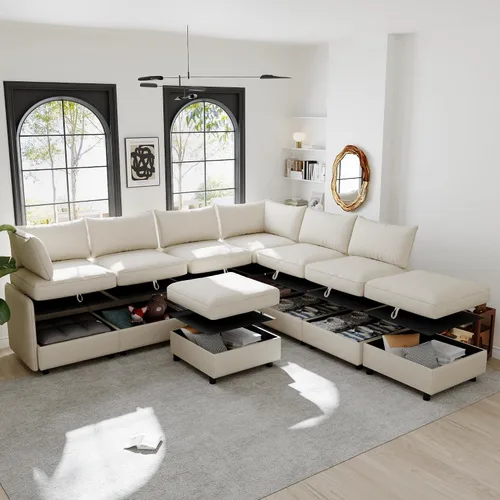Vista 8 de ERYE - Sofá modular modular de gran tamaño para 8 asientos, con asiento de almacenamiento y otomana, sofá tapizado de felpilla en forma de U, sofá