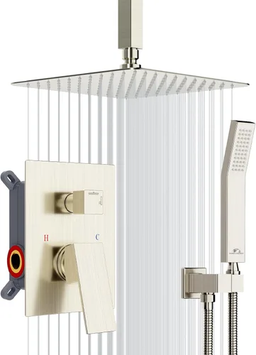 Vista 13 de SunCleanse juego de grifos con regadera tipo lluvia en oro cepillado, juego combinado para baño con cabezal de alta presión de 25.4 cm con válvulas