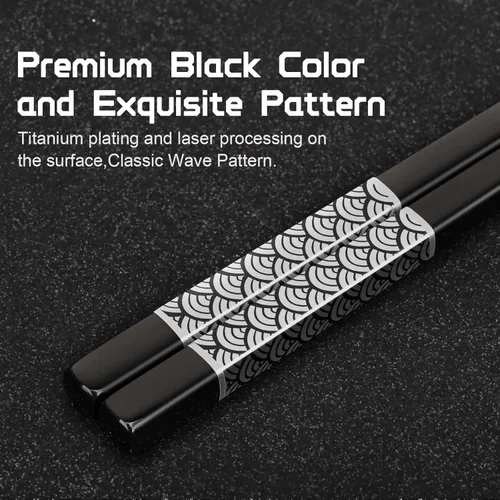 Vista 3 de Palillos de Metal Reutilizables 2 Pares de Palillos de Acero Inoxidable 18/8 Chapados en Titanio con Soporte, Aptos para Lavavajillas, Ligeros, Negro