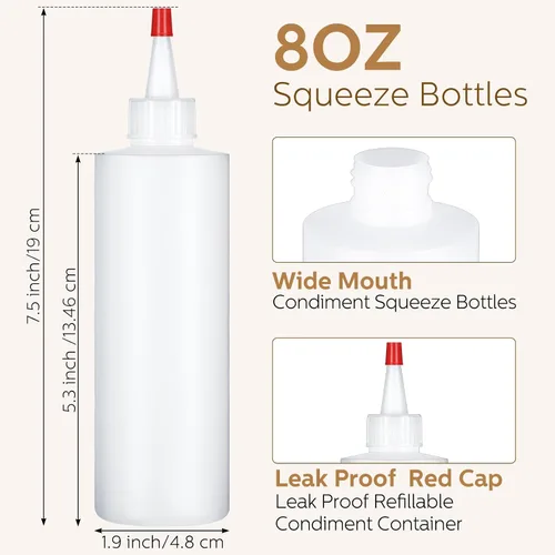 Vista 2 de Jinei Paquete de 60 botellas de plástico de 8 onzas, botellas transparentes para exprimir condimentos con tapa de punta roja, recipiente vacío