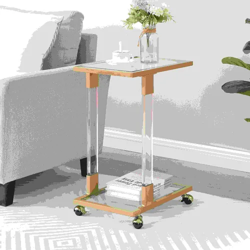 Vista 2 de Mesa auxiliar móvil en forma de C, mesa auxiliar de aperitivos con parte superior de cristal, para sala de estar y dormitorio (dorado)