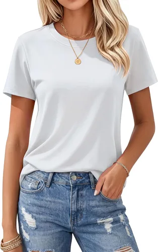 Vista 24 de MAGCOMSEN Camisetas de algodón para mujer de manga corta con cuello redondo, camisetas de ajuste clásico y transpirables de verano a1-Negro