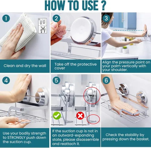 Vista 9 de TAILI Paquete de 2 ventosas para ducha, cesta de baño resistente, estantes de baño para el interior, soporte de ducha de acero inoxidable