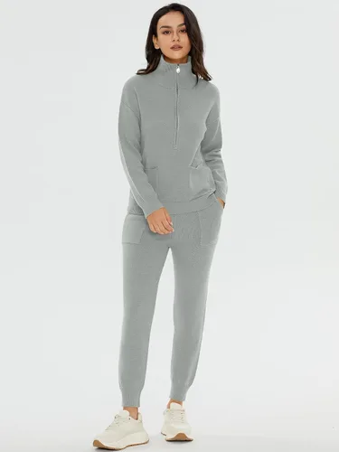 Vista 2 de DEEP SELF Conjunto de dos piezas para mujer, suéter de manga larga, media cremallera, pantalones deportivos con bolsillos