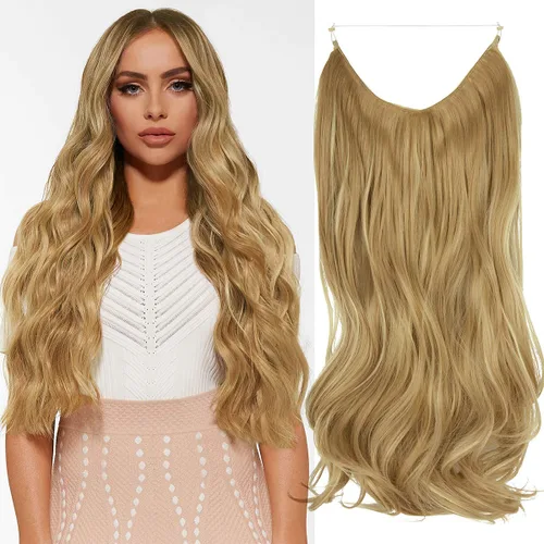 Vista 16 de Extensión de cabello rubio ceniza, rizado, largo, sintético, postizo de cabello rubio, 18 pulgadas, 4.2 oz, con diadema de alambre invisible