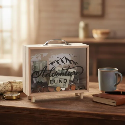 Vista 5 de Vesici Caja de Fondos de Viaje Alcancía para Adultos Caja de Ahorros de Dinero Maleta Decorativa de Vacaciones Banco de Monedas de Madera