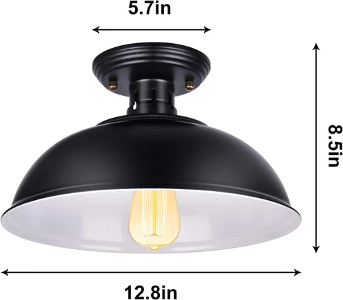 Vista 5 de Lámpara de techo rústica vintage semiempotrada, lámpara de techo negra de granja E26, luces de techo industriales para pasillo, escalera, vestíbulo