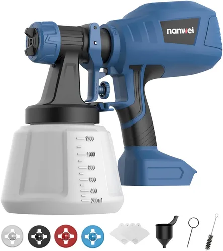 Vista 11 de NANWEI Pulverizador de pintura inalámbrico con 2 baterías, pistola de pulverización HVLP con recipiente de 40.6 fl oz, con 4 boquillas y 3 patrones