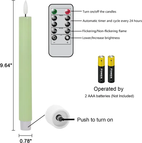 Vista 2 de Velas cónicas parpadeantes verdes sin llama que funcionan con pilas con control remoto de 10 teclas y temporizador, 6 paquetes de velas LED de cera