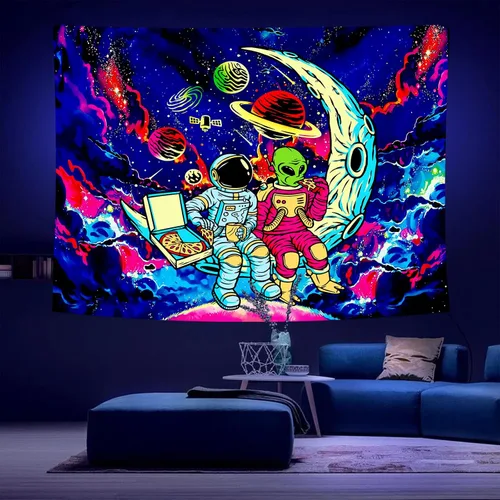 Vista 2 de Tapiz de luz negra de astronauta para hombres, póster de alienígena con luz negra para adolescentes y niños, divertido tapiz de pared de galaxia