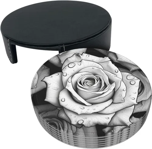 Vista 3 de Black White Rose Print 6 Pcs Round Coasters Leather Waterproof Drink Coasters Mugs Mat Pad with Holder for Living Room Kitchen Bar 3.9 Inch