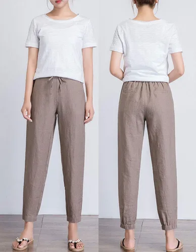 Vista 5 de IXIMO - Pantalones de pierna cónica para mujer, 100% de lino, cintura elástica con cordón ajustable en la espalda, longitud hasta el tobillo