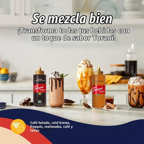 Vista 4 de Torani Puremade Salsa de caramelo y chocolate amargo variado, paquete de 2 para postres y bebidas de café, 16.5 onzas Ea