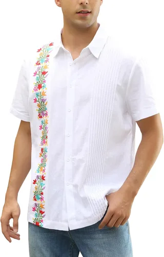 Vista 14 de Camisas mexicanas para hombre, camisa de manga corta bordada con botones y cuello de guayabera tradicional Alebriges Negro