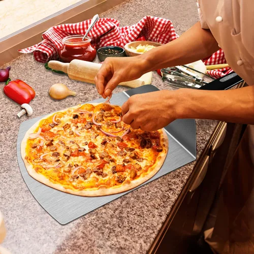 Vista 7 de Pizza Peel BIG HORN - Espátula de pizza de metal con mango de goma, espátula de pizza de acero inoxidable perforada