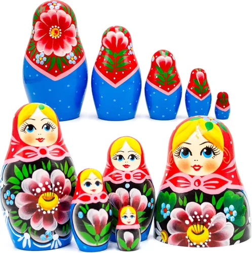 Vista 2 de AEVVV Juego de 5 muñecas nido rusas tradicionales - Muñecas de anidación Babushka hechas a mano con flores - Muñeca Matryoshka con decoraciones