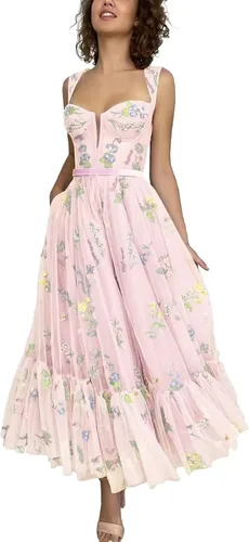 Vista 4 de Vestidos de fiesta de manga hinchada, tul bordado de flores, sin espalda, acampanado, vestido de fiesta formal de noche para mujer