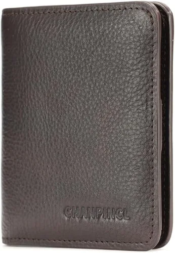Vista 4 de Cartera de cuero con cremallera para hombre, con bloqueo RFID, mini billetera portátil con múltiples ranuras para tarjetas para billetes, Café