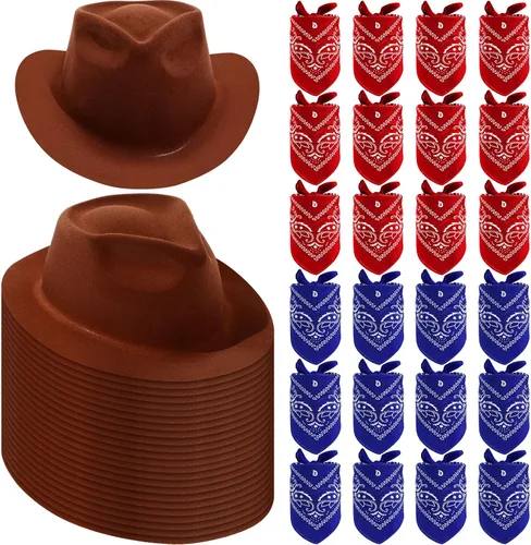 Vista 9 de Hillban Paquete de 48 Sombreros de Vaquero y Conjunto de Bandanas, Sombreros de Vaquera para Niños y Niñas, Sombreros de Fiesta de Vaquero