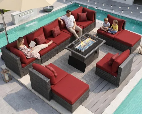 Vista 128 de NICESOUL Juego de muebles de patio de ratán extra grande con mesa para fogata de gas y propano, 29.3 pulgadas, respaldo alto, cómodos conversaciones