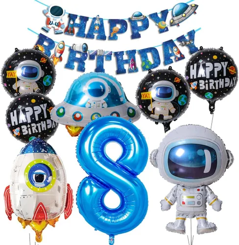 Vista 10 de Globos de planeta astronauta del sistema solar, globos de papel de aluminio, globos grandes de Mylar con helio, guirnalda de feliz cumpleaños para 10