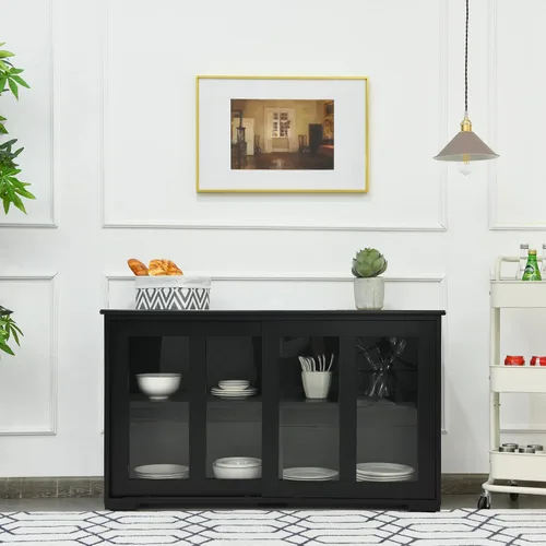 Vista 2 de LOKO Armario apilable para bufé, armario de almacenamiento de cocina con puertas corredizas de vidrio templado, pequeño aparador para cocina, Negro