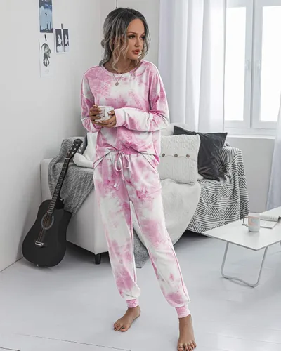 Vista 3 de Prettygarden - Conjunto de pijama para mujer, teñido anudado, de dos piezas, pijama con camiseta de manga larga y pantalón largo, con bolsillos