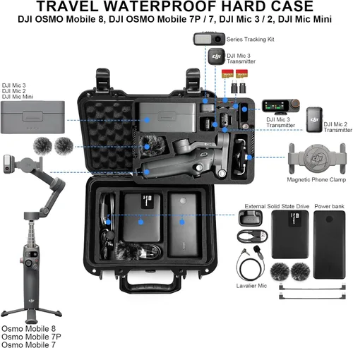 Vista 2 de Lekufee Portable Waterproof Hard Case for DJI Osmo Mobile 8, Osmo Mobile 7P / 7, Gimbal Stabilizer, DJI Mic 3/2 / Mic Mini & More Accessories(Case