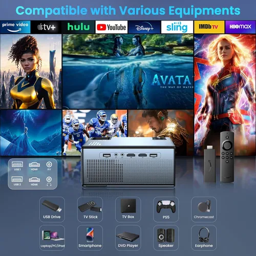 Vista 5 de 【28000 lúmenes de alta luminosidad】Proyector con WiFi 5G y Bluetooth, proyector de cine al aire libre mejorado compatible con 4K, zoom máximo