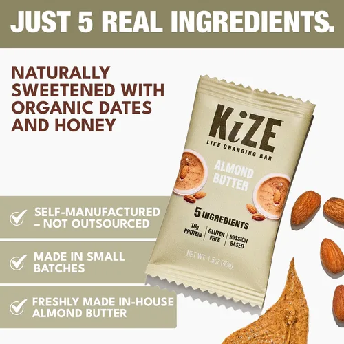 Vista 3 de KiZE Energy Bars - Barras energéticas de reemplazo de comidas con alto contenido de proteínas, a base de mantequilla de almendras, sin gluten, sin