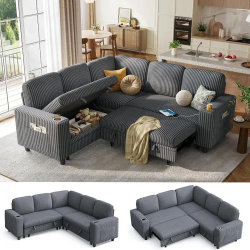 Vista 20 de LINSY HOME - Sofá seccional con cama extraíble y sofá cama deslizable, sofá convertible de pana mullida tipo nube con chaise de almacenamiento