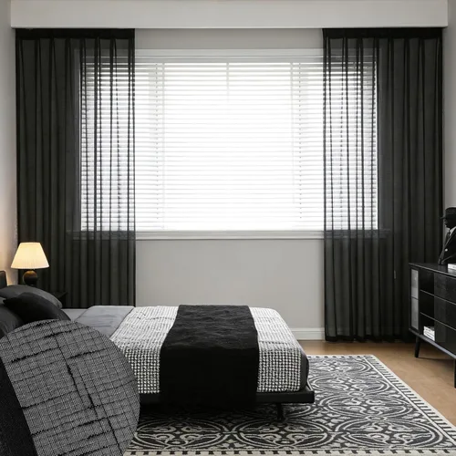 Vista 36 de Cortinas plisadas negras traslúcidas de 84 pulgadas de largo, 2 paneles para dormitorio, lino texturizado, ganchos transparentes para pista