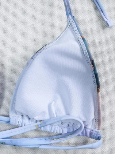 Vista 3 de OYOANGLE Bikini triangular con estampado gráfico para mujer, parte superior de traje de baño con lazo en la espalda