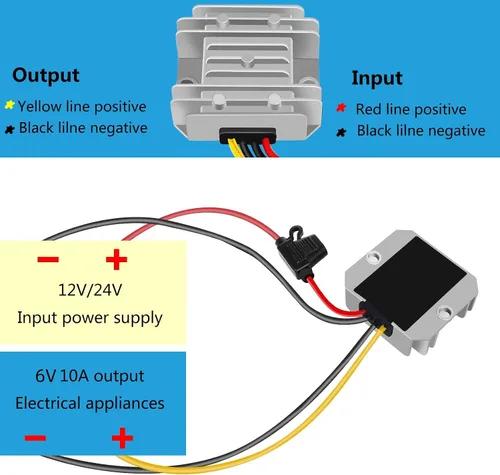Vista 6 de Convertidor reductor DC-DC 6V 10A 60W 12V 24V a 6V Convertidor de transformador de potencia con fusible, regulador de voltaje impermeable..