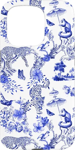 Vista 14 de French Blue Toile Chinoiserie with Flowers, Monkey, Leopards Case for iPhone 17