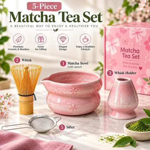Vista 8 de Juego de 5 piezas de matcha premium con cuenco y batidor de té de bambú de cerámica, incluye soporte de bambú Chasen Chashaku, cuchara, tamiz